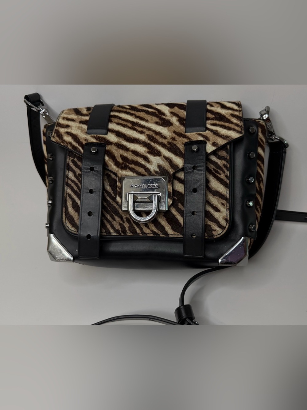 Michael Kors Zebra-Print Calf Hair Crossbody - Black & Brown